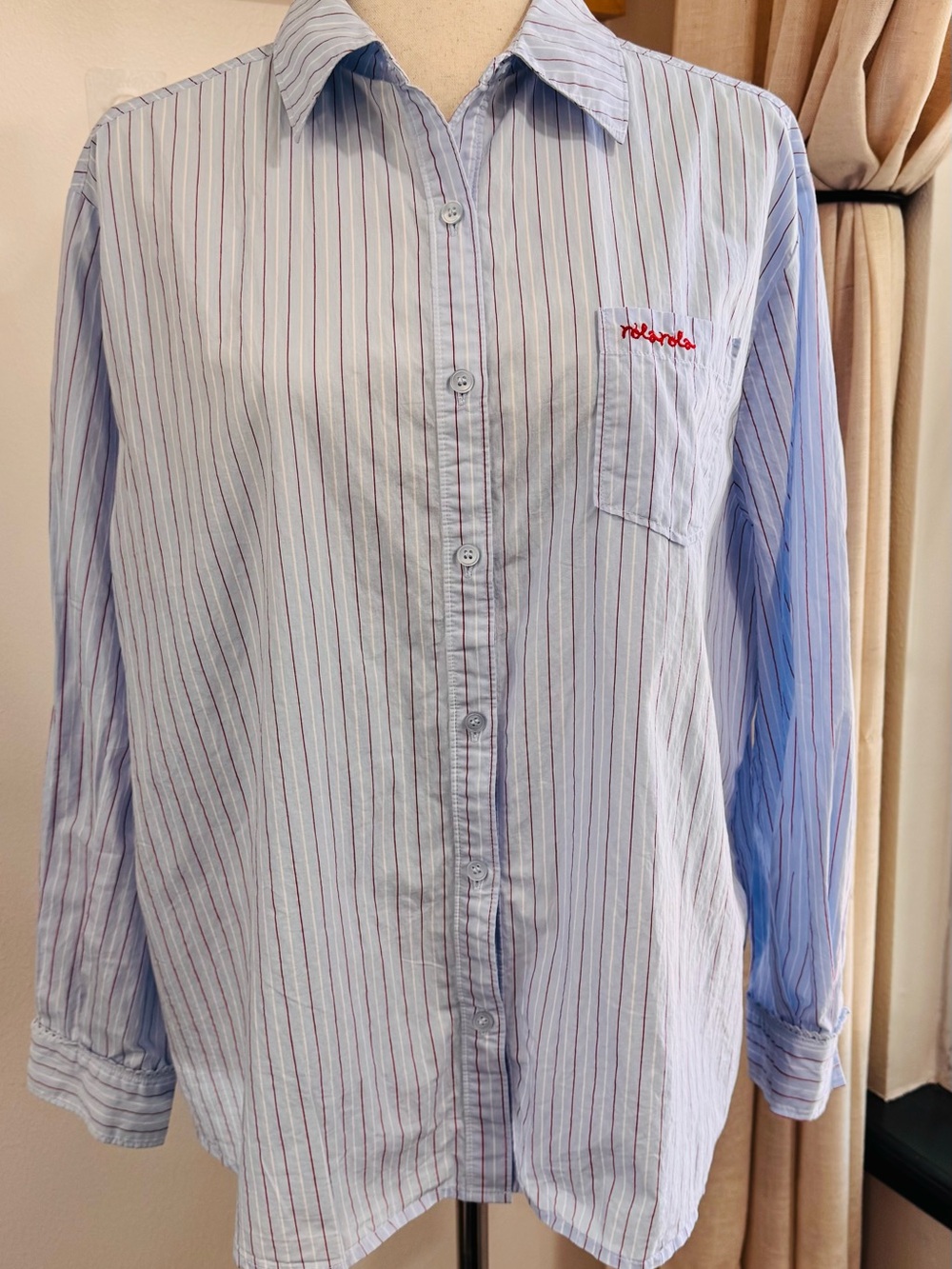 ROLAROLA Women’s Oversized Striped Shirt Blue Red Korean Preppy Embroidered